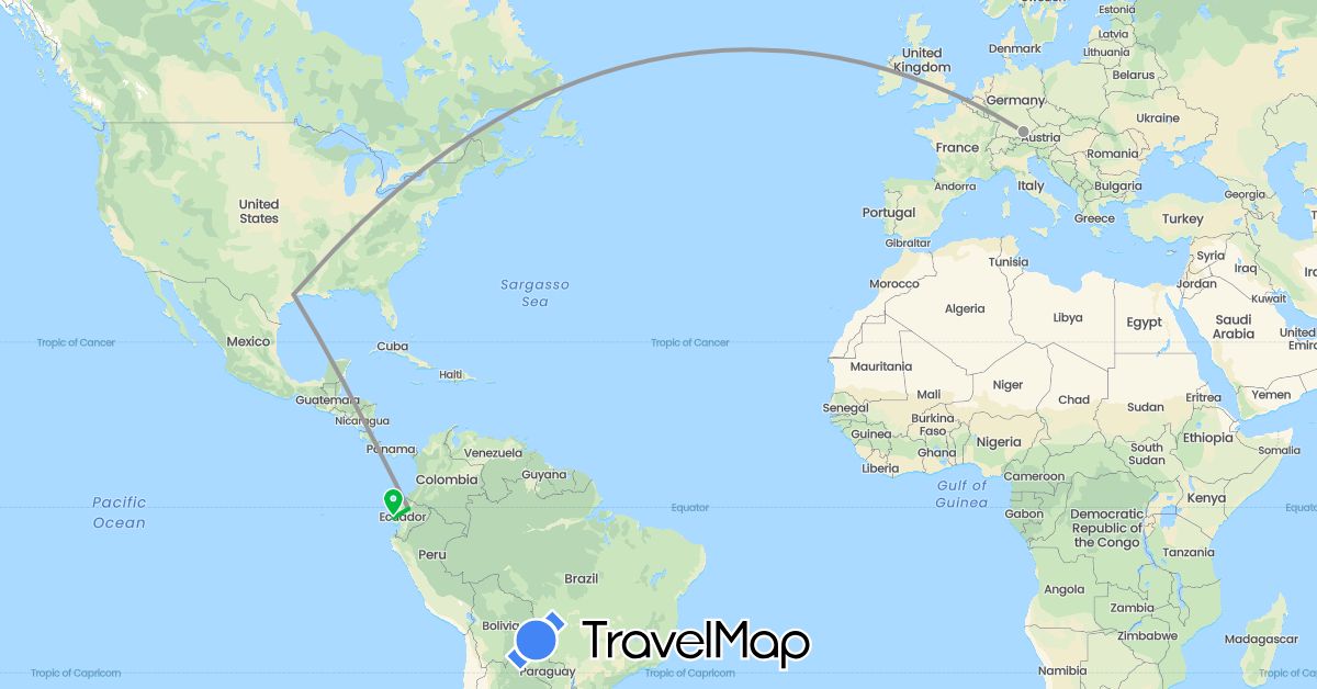 TravelMap itinerary: driving, bus, plane in Germany, Ecuador, United States (Europe, North America, South America)
